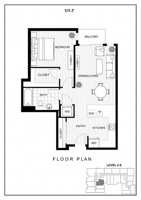 Floor plan for 1 bed, 1 bath, 711 sqft